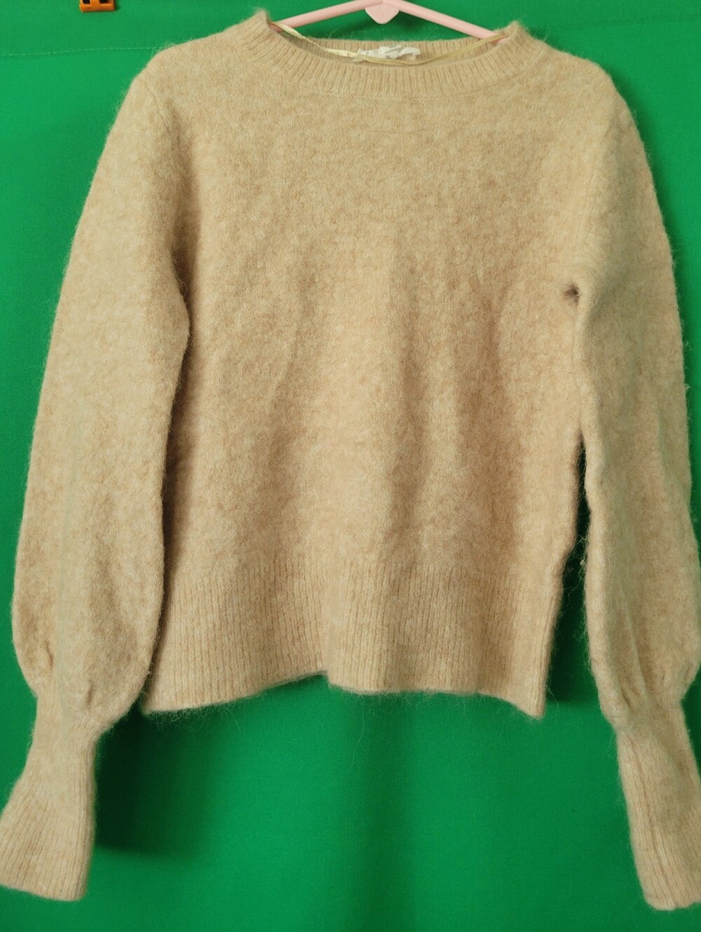 Alpaca Wool Blend Cozy Women Crewneck Sweater Beige Balloon Sleeve Sz XS a loves